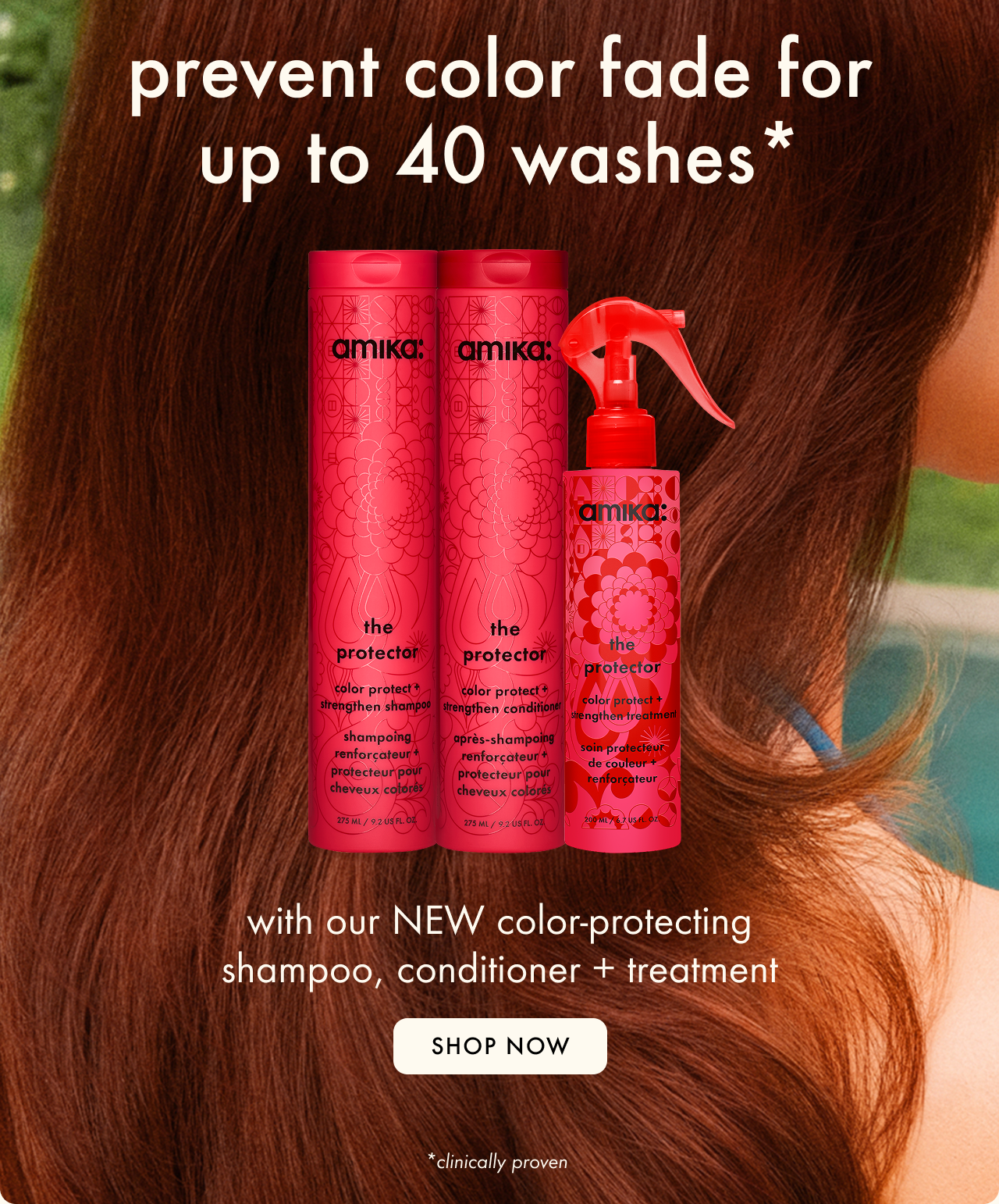 prevent color fade for up to 40 washes with amika's new color-protecting collection