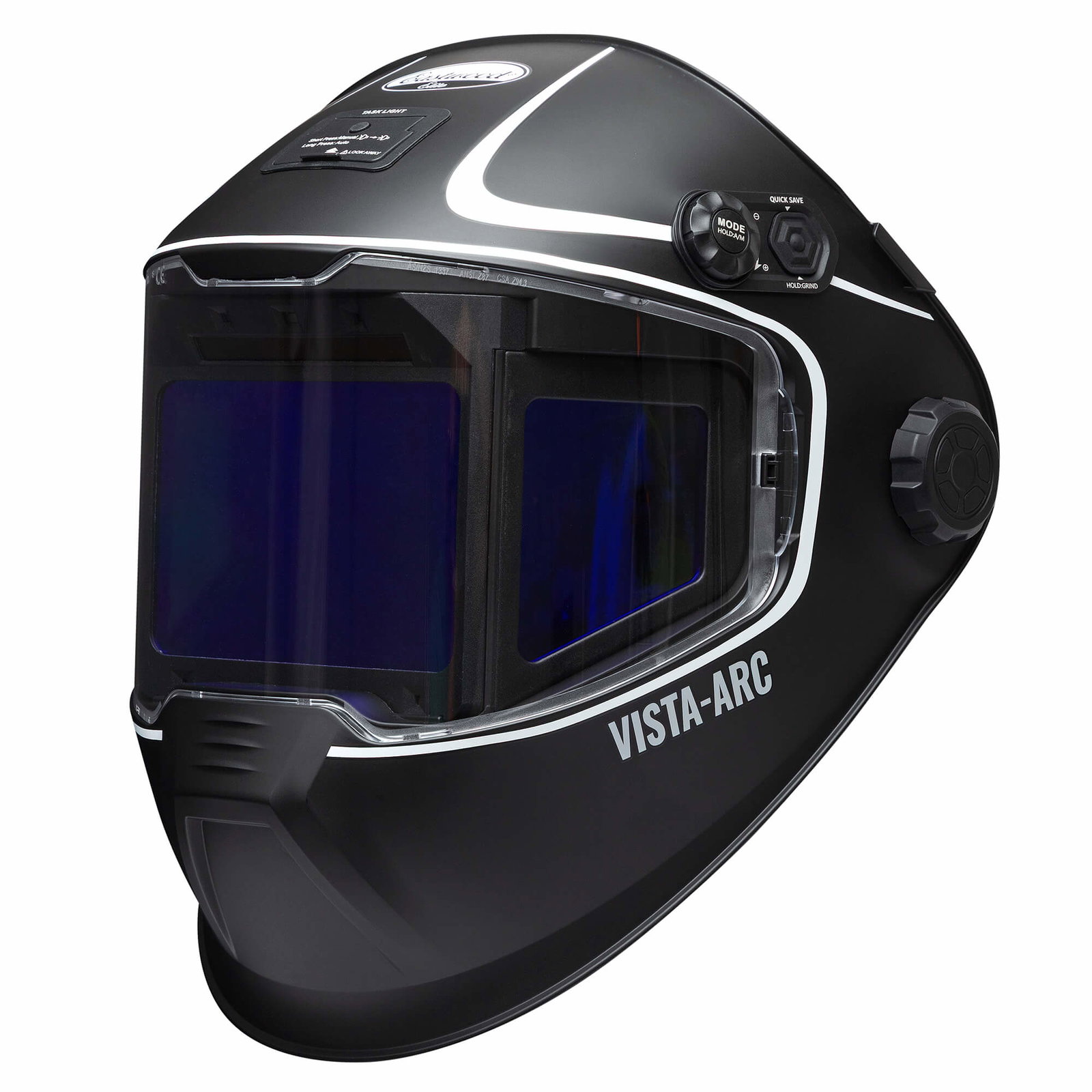Elite Vista-Arc Panoramic Welding Helmet with side windows, LED light, and 12-way headgear
