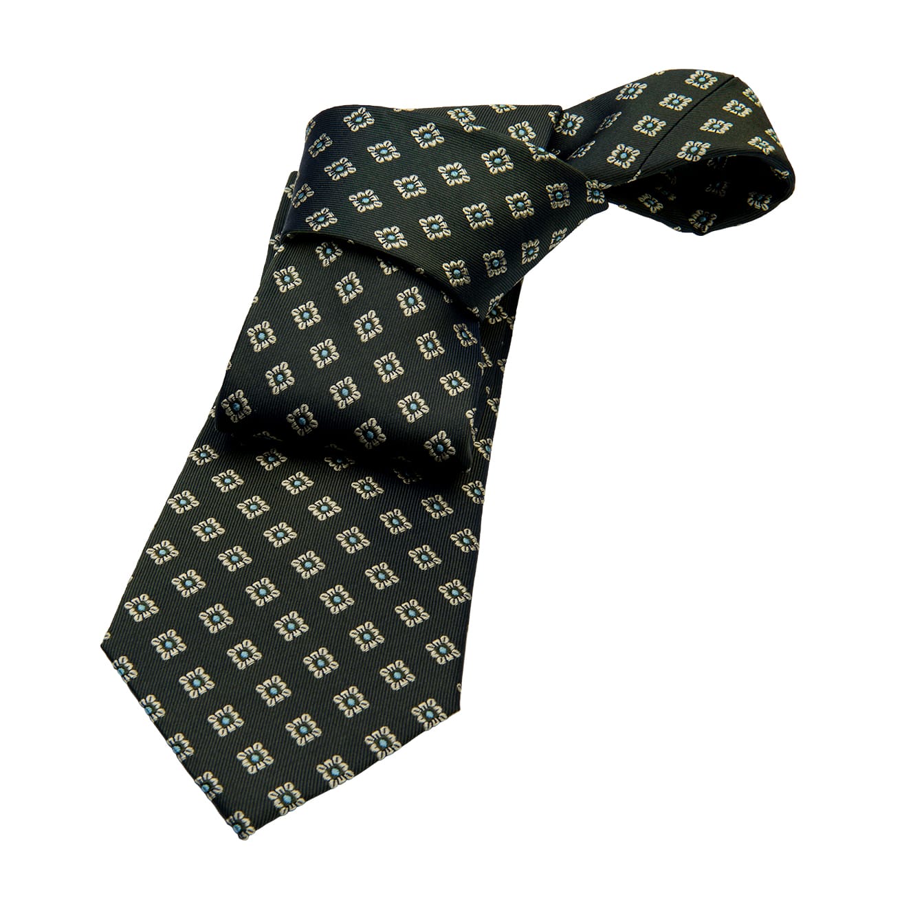 Image of Pembroke Foulard Silk Tie, Olive Green / Turquoise / Silver
