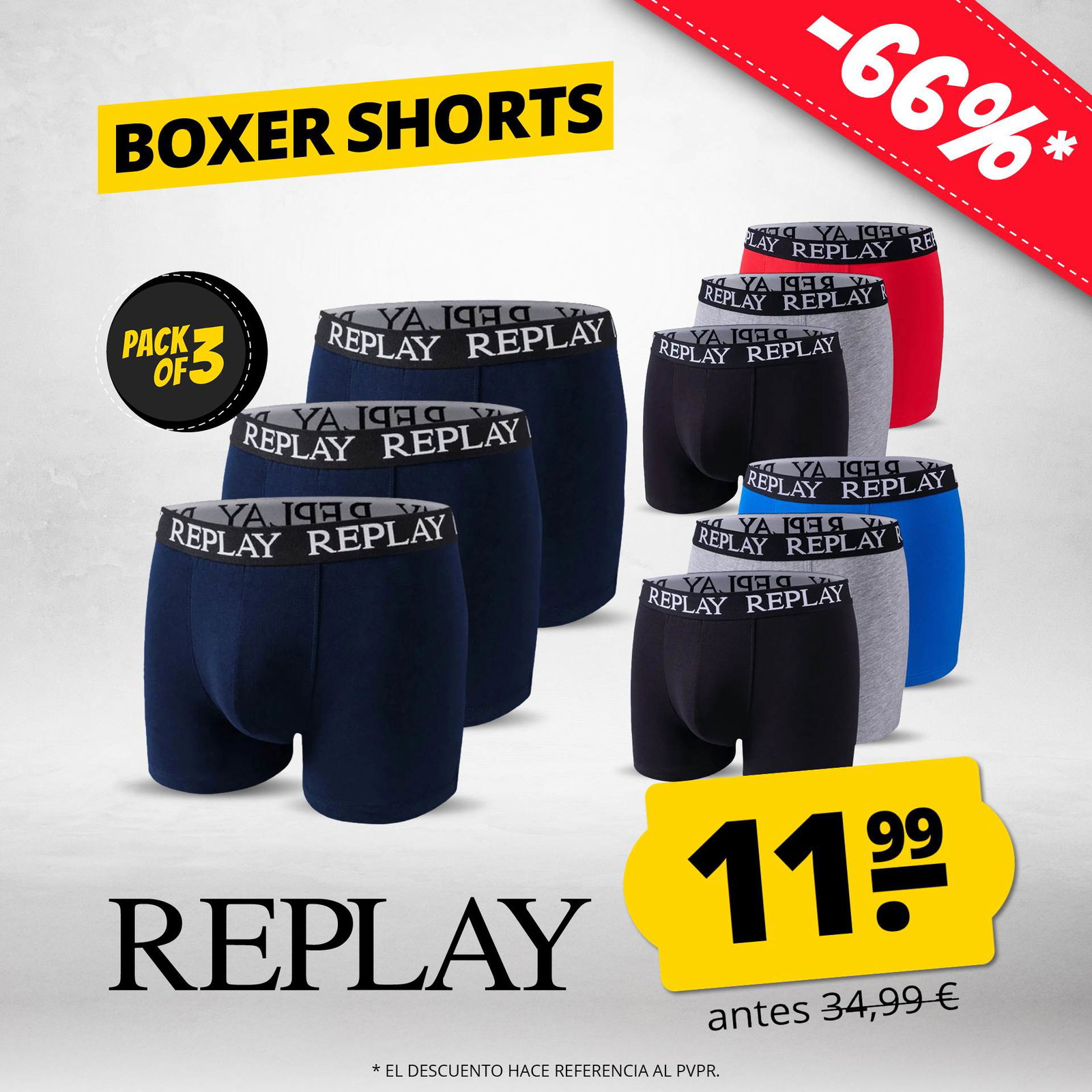 replay basic cuff logo hombre calzoncillos boxer pack de 3