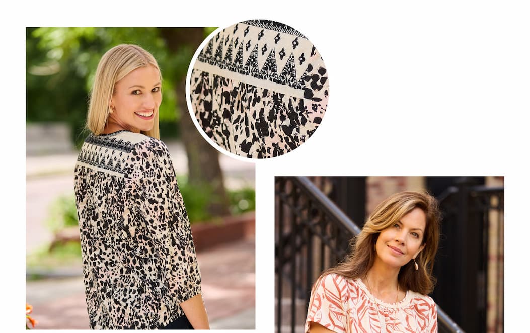 Animal Print Embroidered Trim 3/4 Sleeve Top