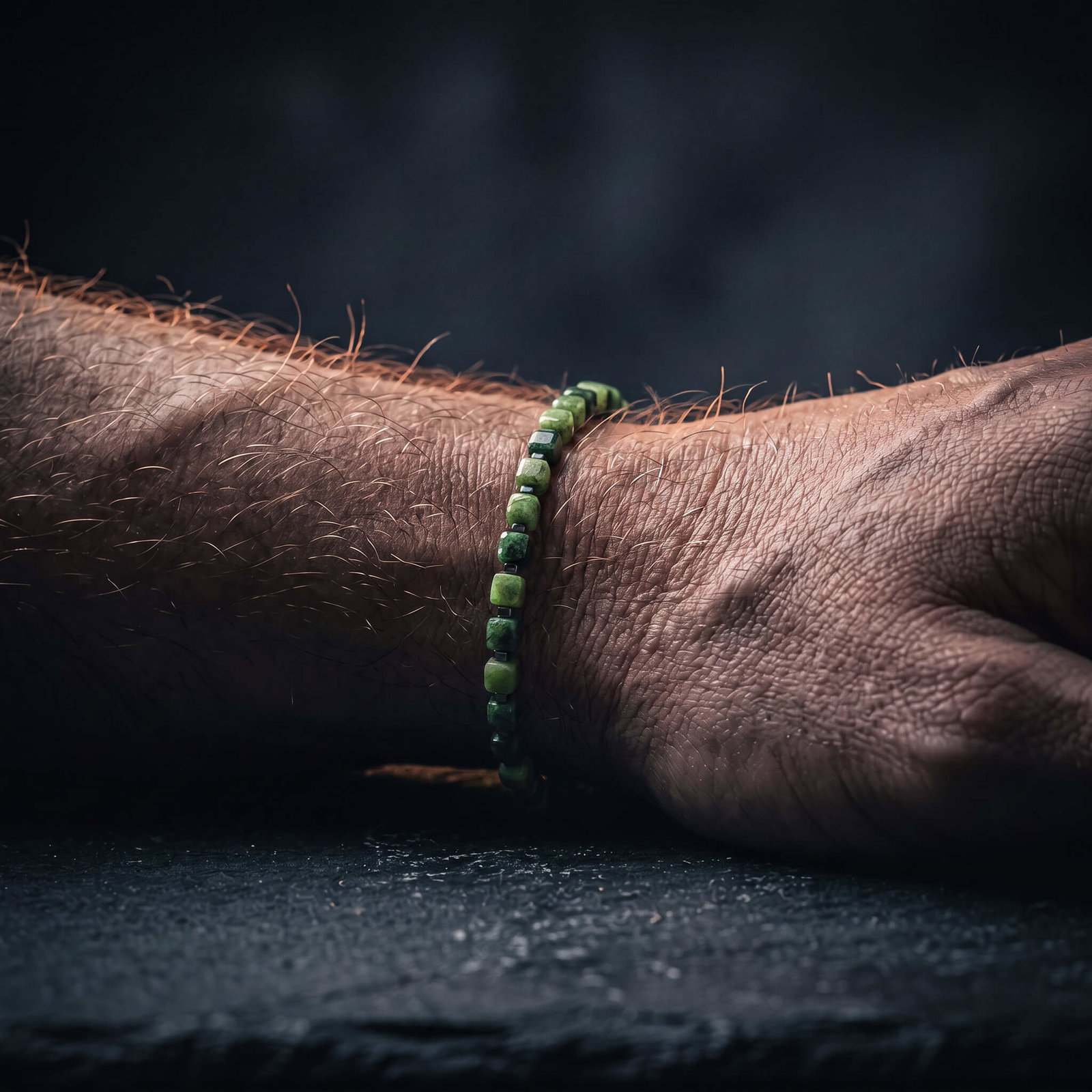 Nephrite Jade Cube Bracelet V worn on the wrist