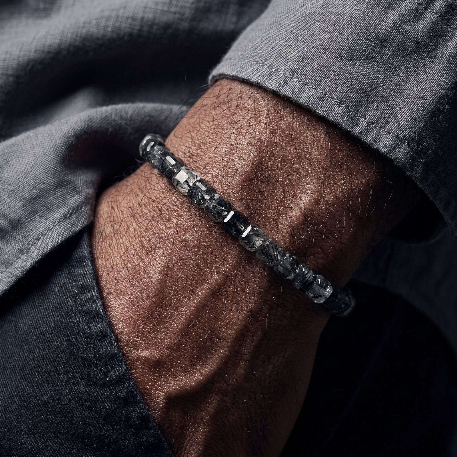 Tourmalinated Quartz Cube Bracelet I worn on the wrist