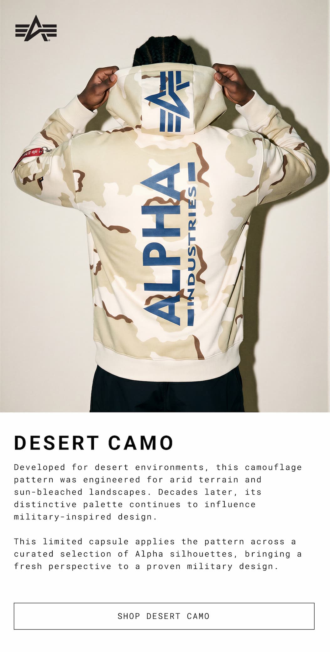 alpha industries collection of desert camo tees, hoodies and jackets.