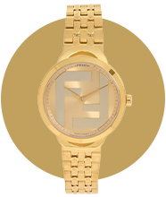 A gold bracelet watch with a round face featuring a large logo design, displayed against a circular gold background.