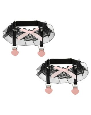 Black Lace Pink Bow Leg Garters