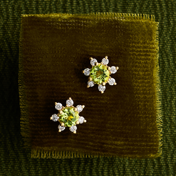 Mini Peridot Earrings with Diamond Blossom Halo in 14k Yellow Gold (3.5mm)