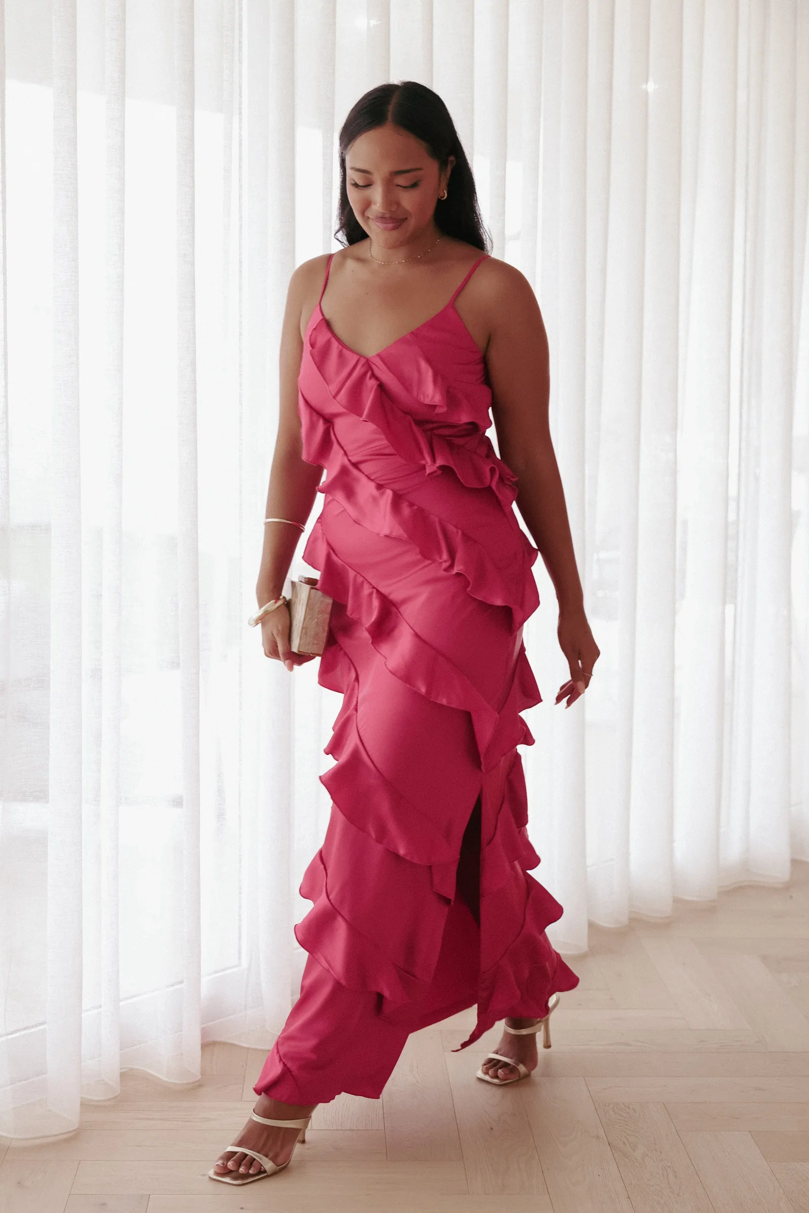Image of Ciao Ruffles Maxi Satin Dress - Fuchsia