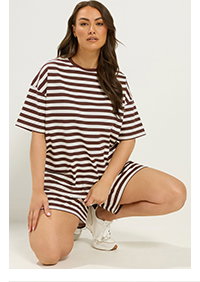 YOURS Kombiset aus T-Shirt und Shorts in Braun mit Streifen
