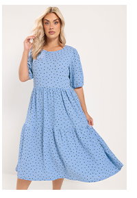 YOURS gepunktetes Kleid in Blau mit Puffärmeln