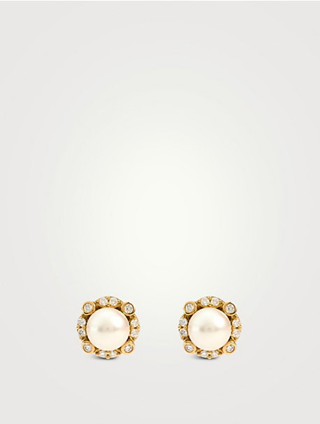 Trend 18K Gold Freshwater Pearl And Multi Diamond Halo Stud Earrings