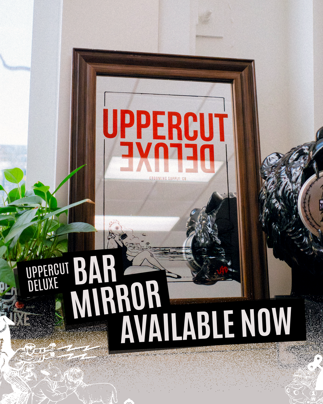 Uppercut Deluxe Easy Street Bar Mirror with promotional text "Uppercut Deluxe Bar Mirror Available Now"