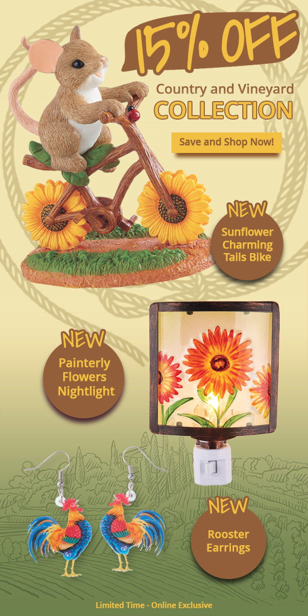 An image promoting 15% off the country & vineyard collection at Potpourri Gift, featring a cute mouse collectibe, a painterly flower nightlight, and rooster earrings with a shop now button to shop the sale.