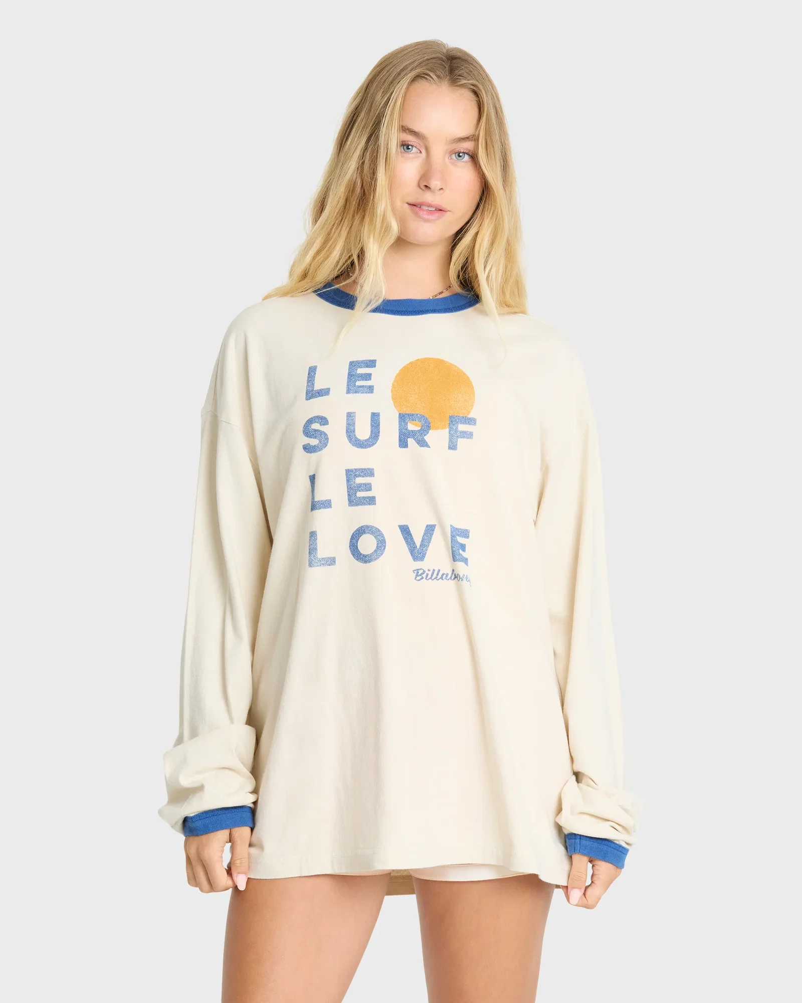 Image of Le Love Surf Ringer Long Sleeve Cotton T-Shirt - White Cap