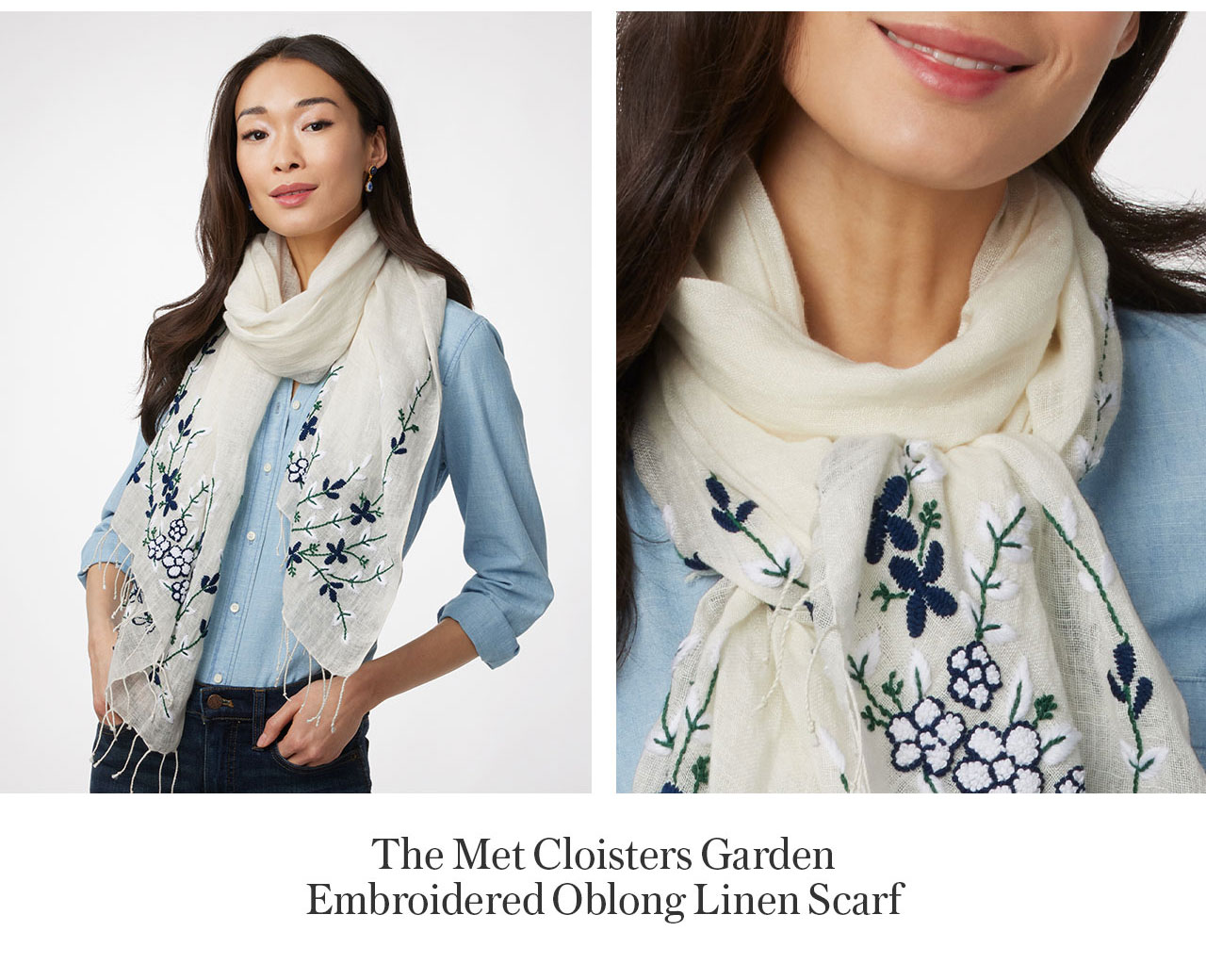 The Met Cloisters Garden Embroidered Oblong Linen Scarf