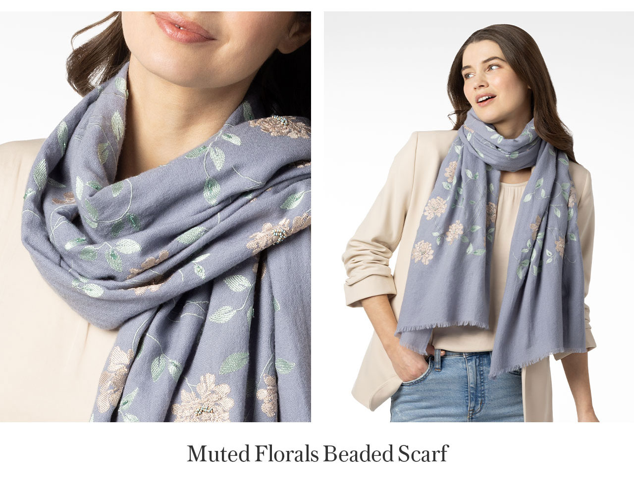Muted Florals Beaded Scarf
