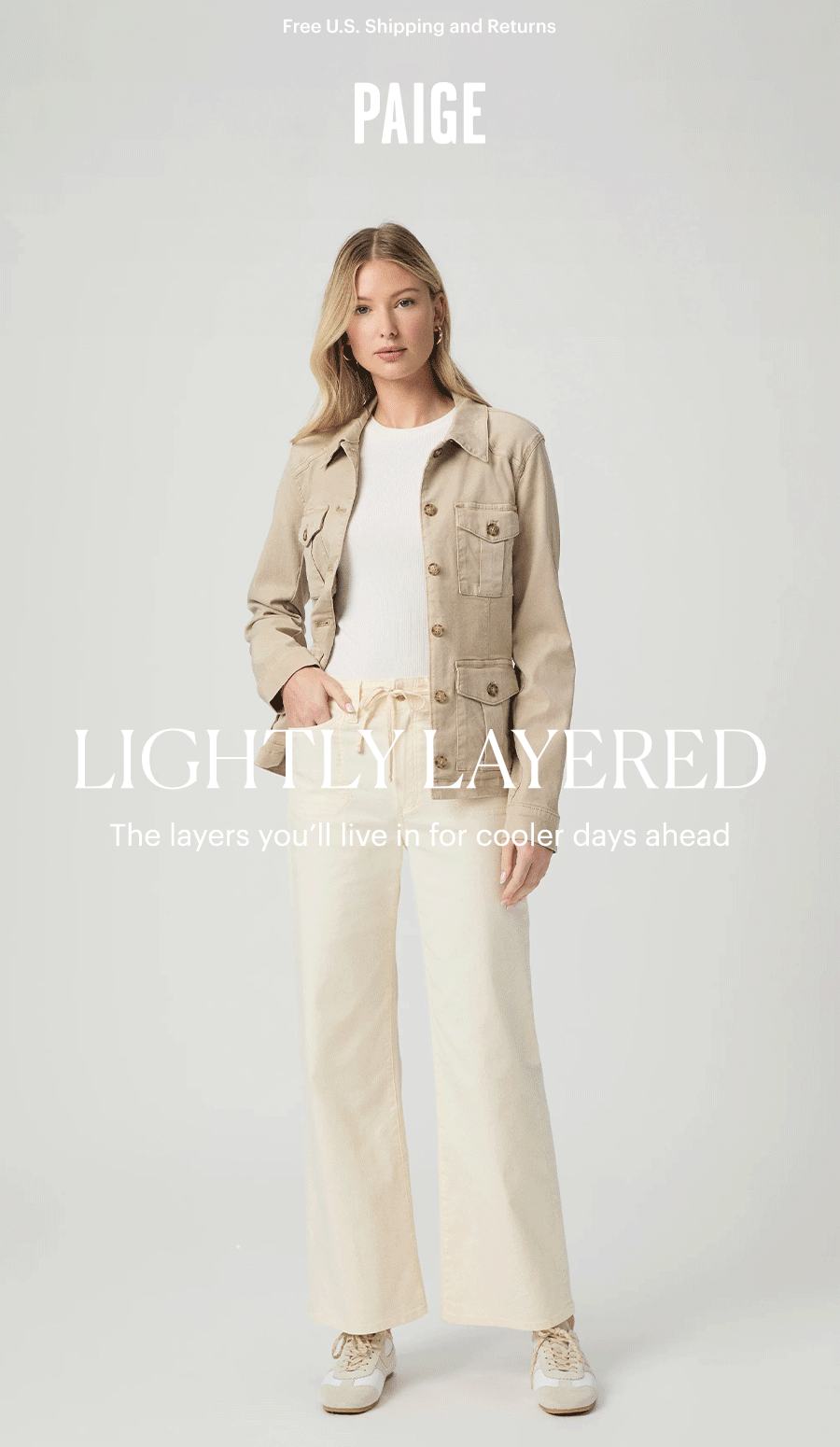 Lightly Layered - The layers you'll live in for cooler days ahead. Featuring a GIF alternating between a woman and a man, both dressed head-to-toe in PAIGE.