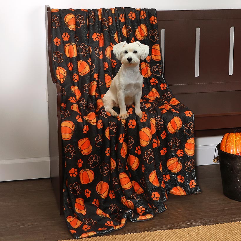 Image of Halloween Pet Blanket Lightweight Cozy Festive Pumpkins And Paw Print
