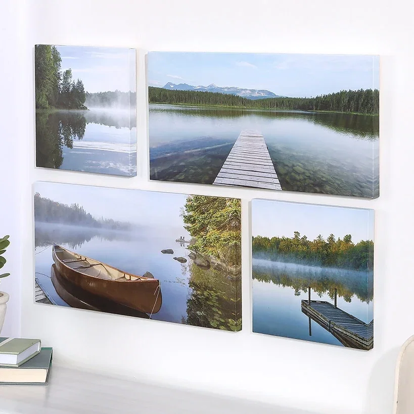 Image of Canvas Wall Art 4 Piece Set Featuring Lake View With Boat And Dock