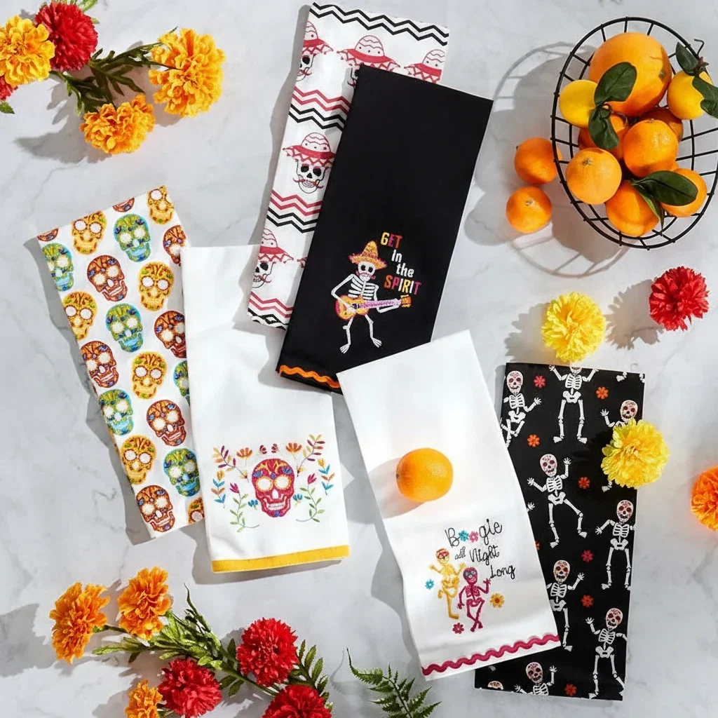 Image of Halloween Skeletons Embroidered Kitchen Towels, Set of 2