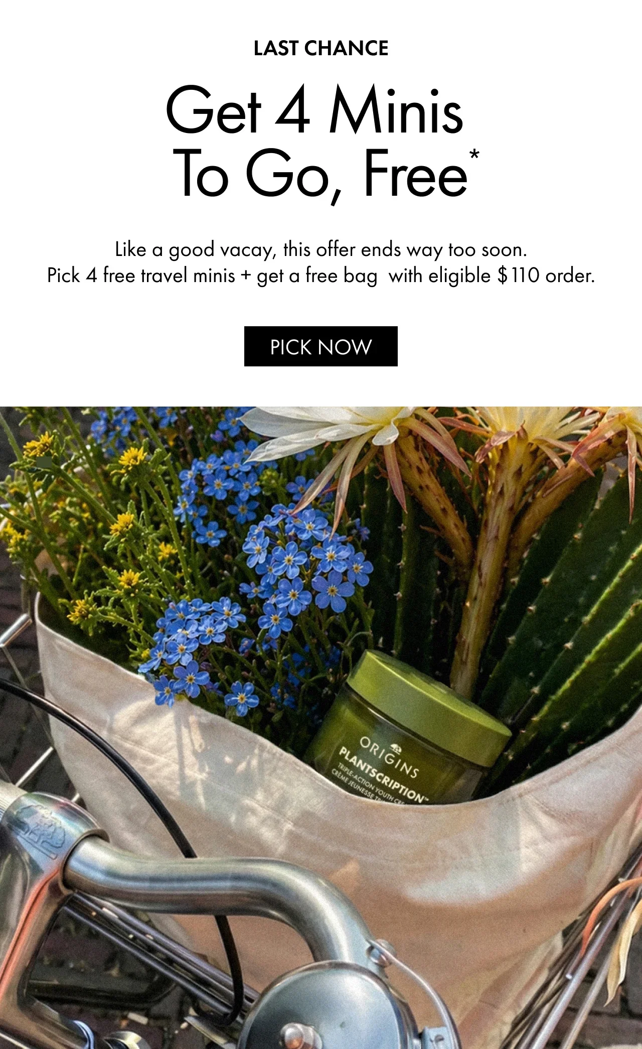 LAST CHANCE | GET 4 MINIS TO GO, FREE* | Like a good vacay, this offer ends way too soon. | Pick 4 free travel minis + get a free bag with eligible $110 order. | PICK NOW