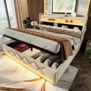 5ft King Size Beige Linen Ottoman Bed with LED & Charging Ports