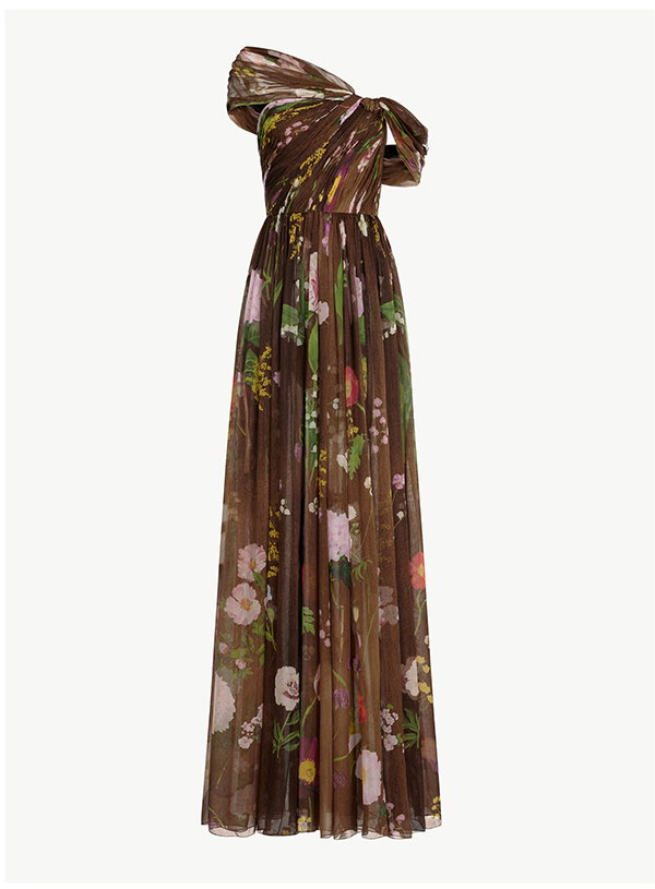 Mixed Botanical Silk Chiffon Gown