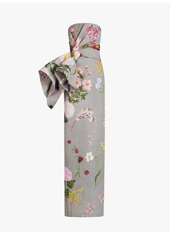 Mixed Botanical Drape-Detailed Faille Gown