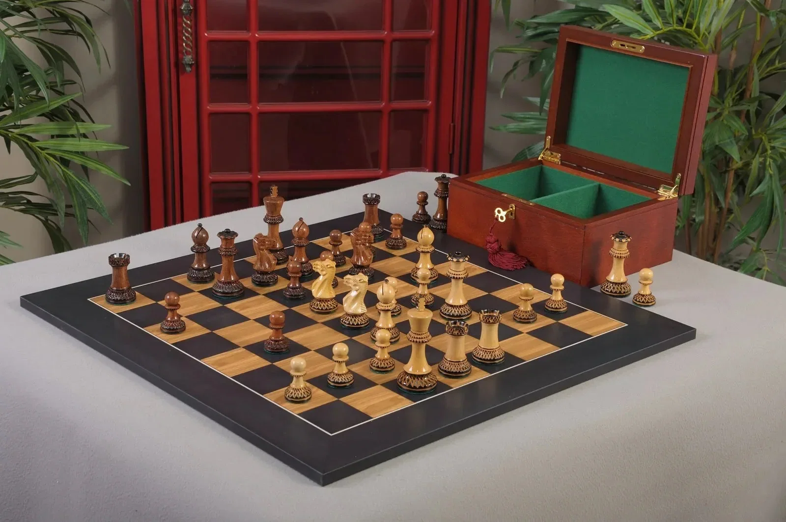 Image of The Burnt Golden Rosewood Grandmaster Series Chess Set, Box, & Satin Board Combination