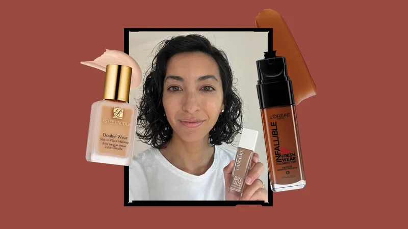 Allure editor holding a waterproof foundation surrounded by a collage of different waterproof foundations