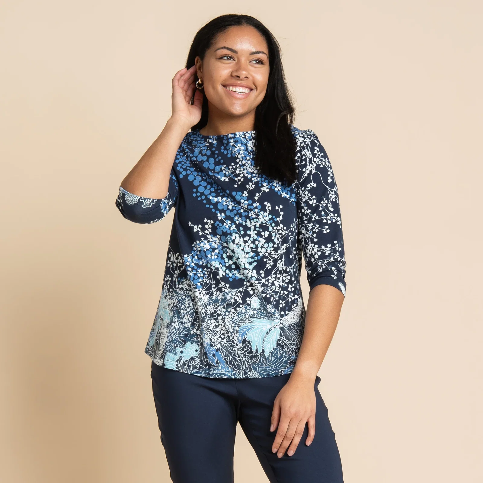 Image of Embellished Swirl Print Boat Neck ¾ Sleeve Tee