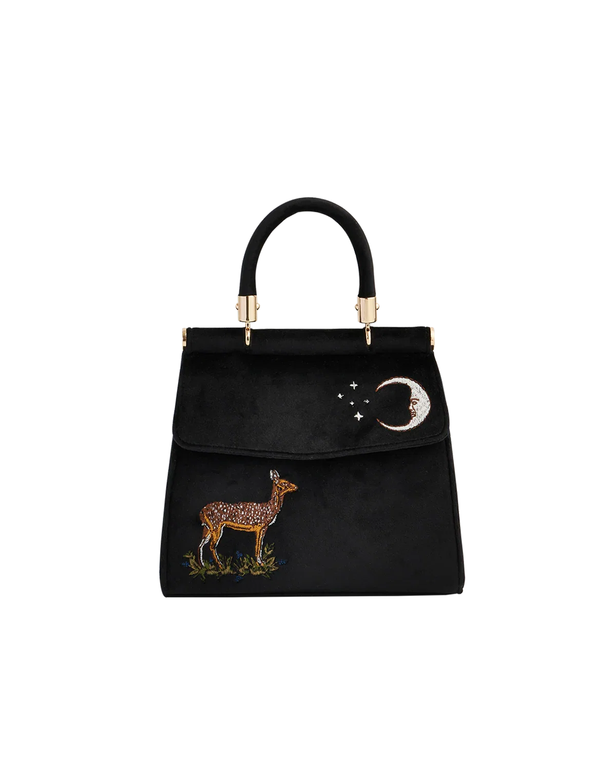 Image of Deer & Moon Embroidered Black Velvet Tote