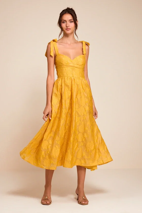 Image of Loveliest Muse Yellow Burnout Floral Tie-Strap Midi Dress