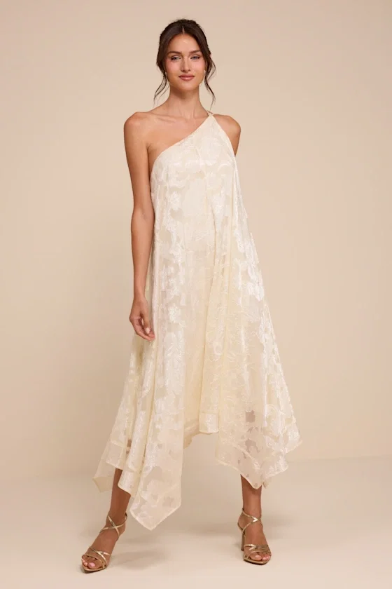 Image of Deja Ivory Floral Jacquard One-Shoulder Shift Midi Dres