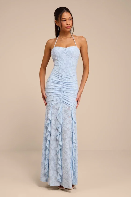 Image of Dimona Light Blue Floral Burnout Ruched Maxi Dress