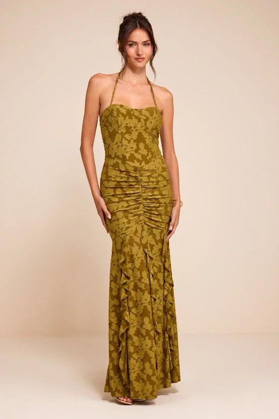 Image of Dimona Olive Floral Burnout Ruched Maxi Dress