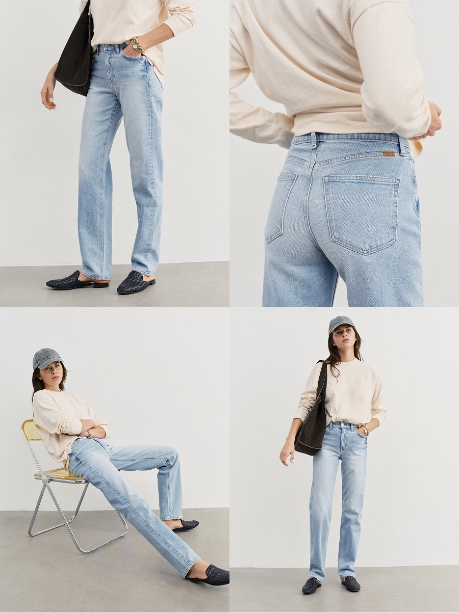 Shown in Kiki. Mid-to-high rise with a fitted waist, button fly, cute tush, tapered leg. 