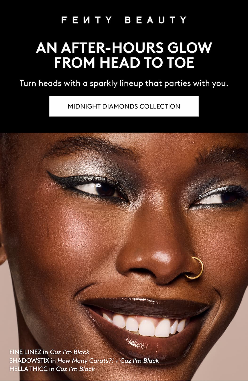 Fenty Beauty an after-hours glow from head to toe. Turn heads with a sparkly lineup that parties with you. Midnight Diamonds Collection.