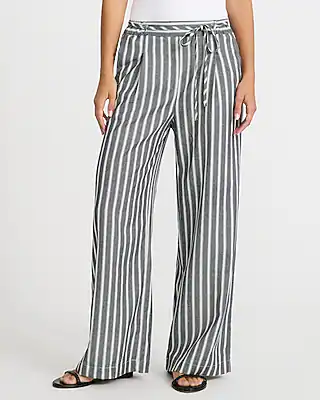 Striped Linen-Blend Tie Waist Wide Leg Pull On Pant