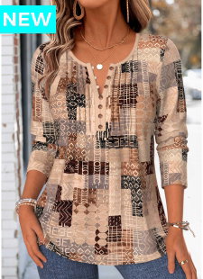 Light Coffee Tribal Print Tuck Stitch T Shirt