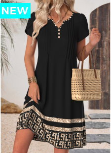 Black Tribal Print Short Tuck Stitch Split Neck Dress