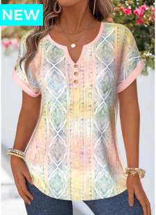 Multi Color Geometric Print Tummy Coverage Short Sleeve Blouse