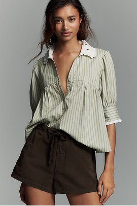 By Anthropologie Long-Sleeve Collared Babydoll Top