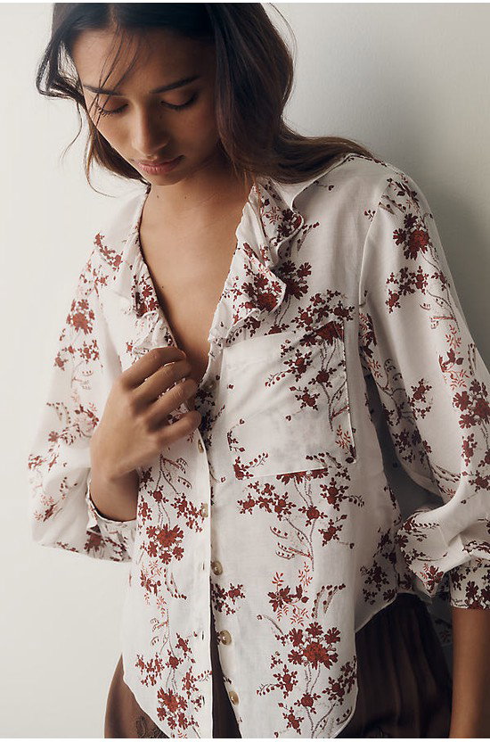 Pilcro Remy Shrunken Ruffle Collar Buttondown Shirt