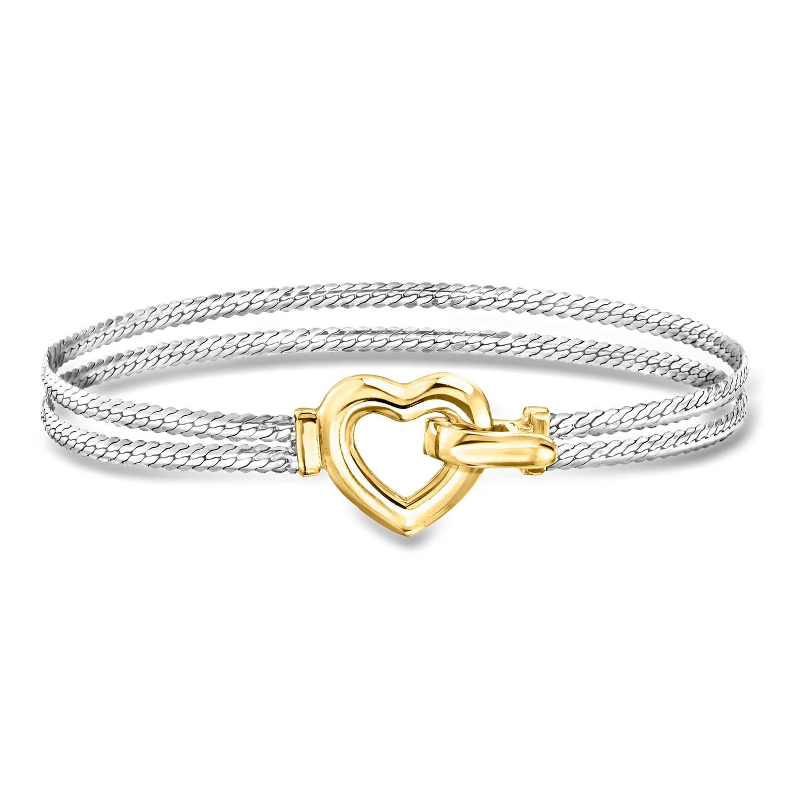 Image of Silver and 14kt Gold-Plated Two-Strand Cuban-Link Heart Bracelet