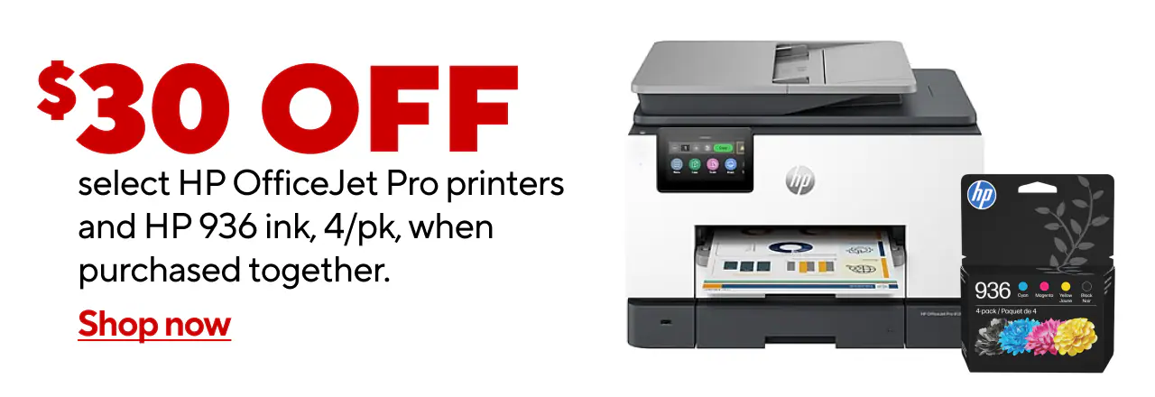 Save $30  when you buy an HP OfficeJet Pro + HP 936 series 4 pack ink