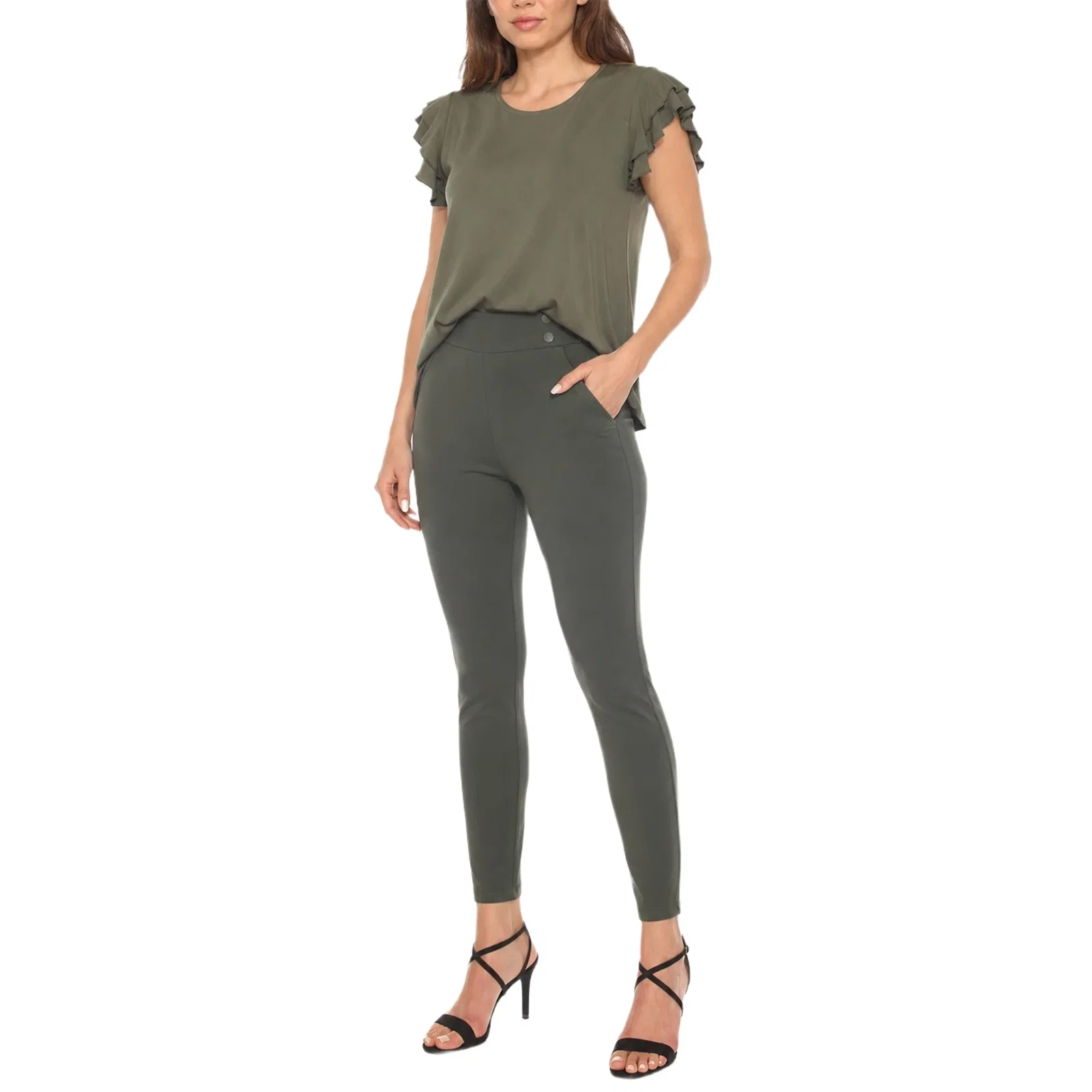 Image of Women's Flutter Sleeve Top and Scuba Pants Set - Olive