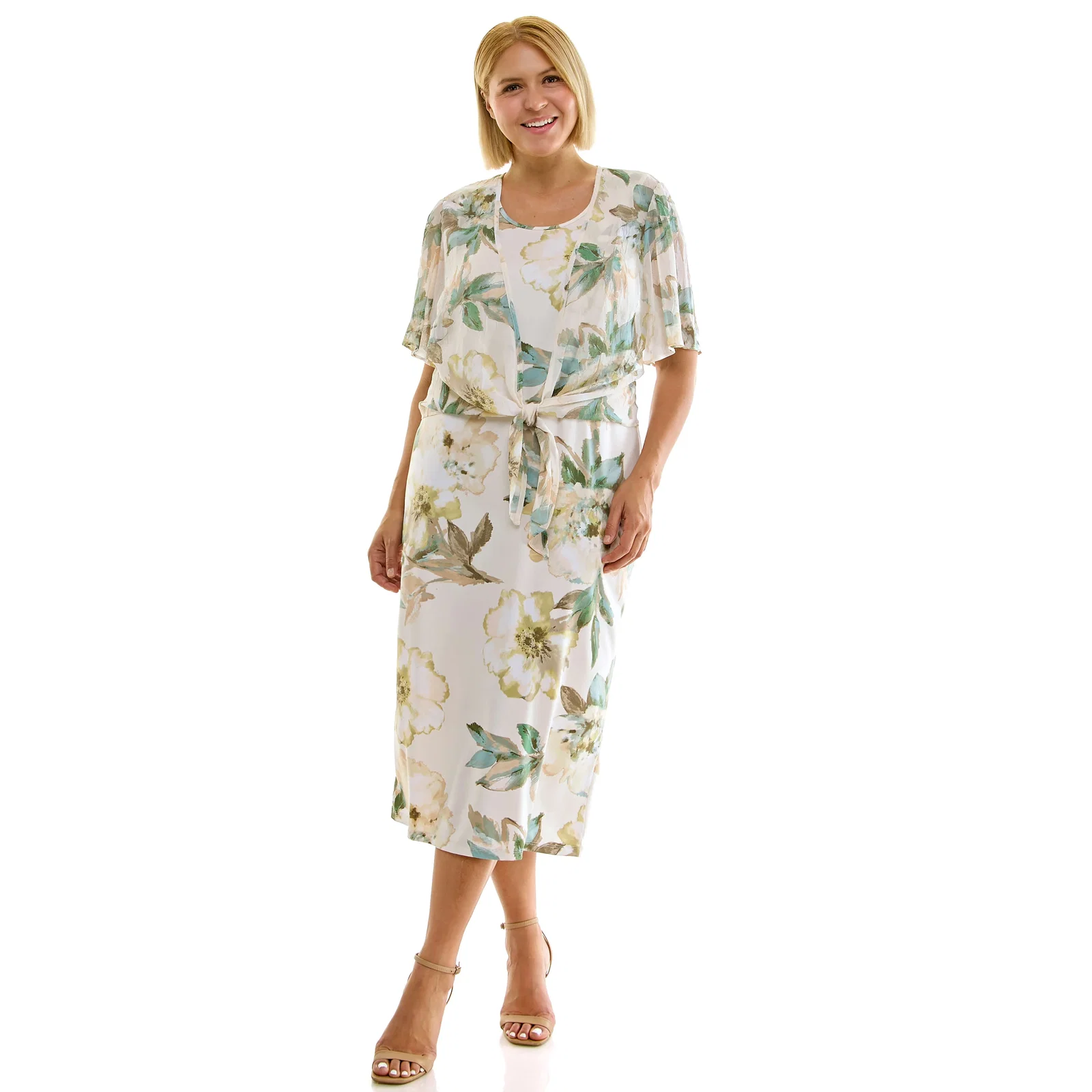 Image of Sleeveless Maxi Dress With Separate Front Tie Shrug In Cream/Green/Taupe - Plus