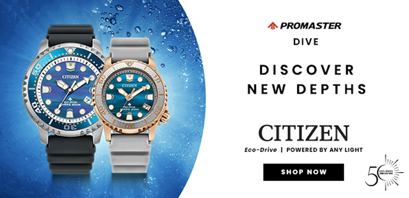 Two eco-drive Citizen promaster dive watches in black and grey wristbands. Discover new depths. Click shop now.
