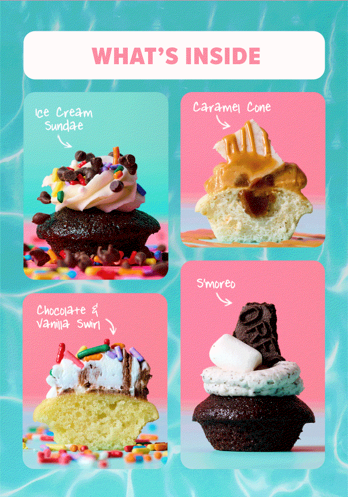 What's inside: Ice cream sundae, caramel cone, chocolate & vanilla swirl, and s'moreo.